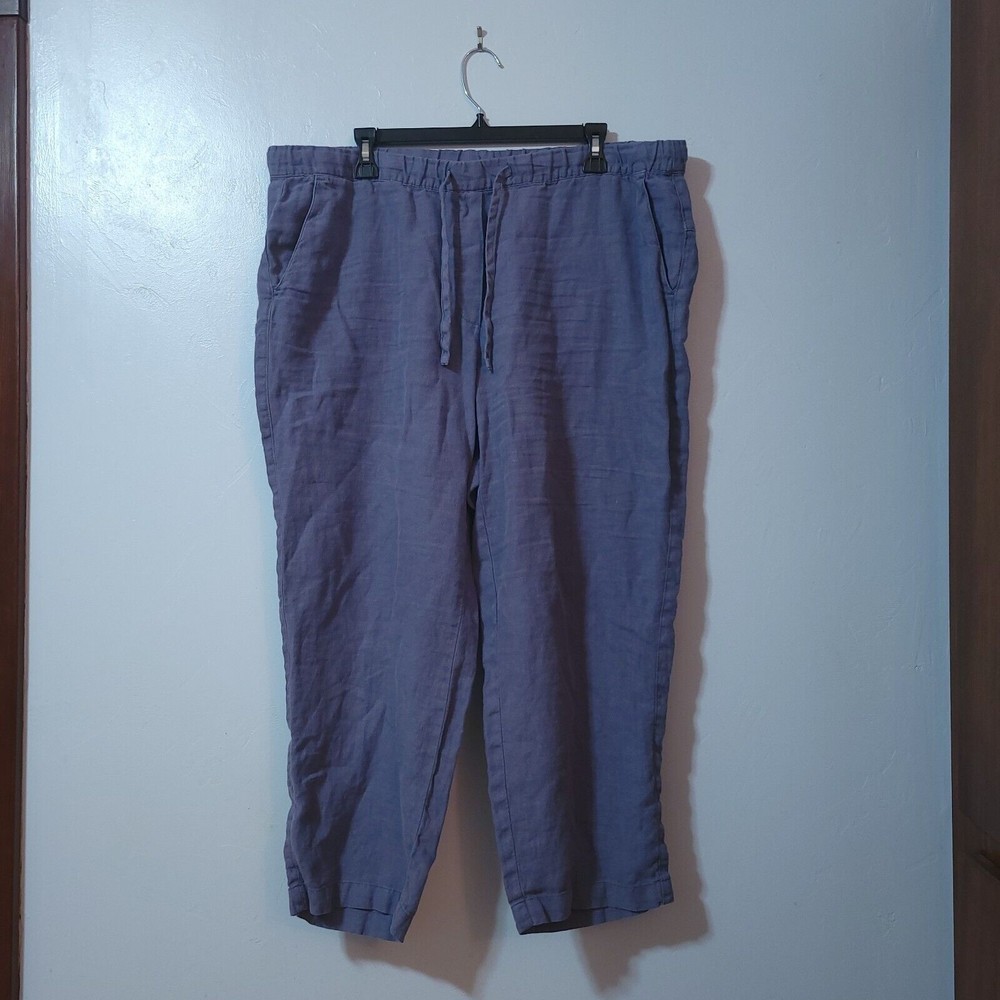 Pure Jill 100% Linen Cropped Pants Drawstring Women's Size XL Blue
